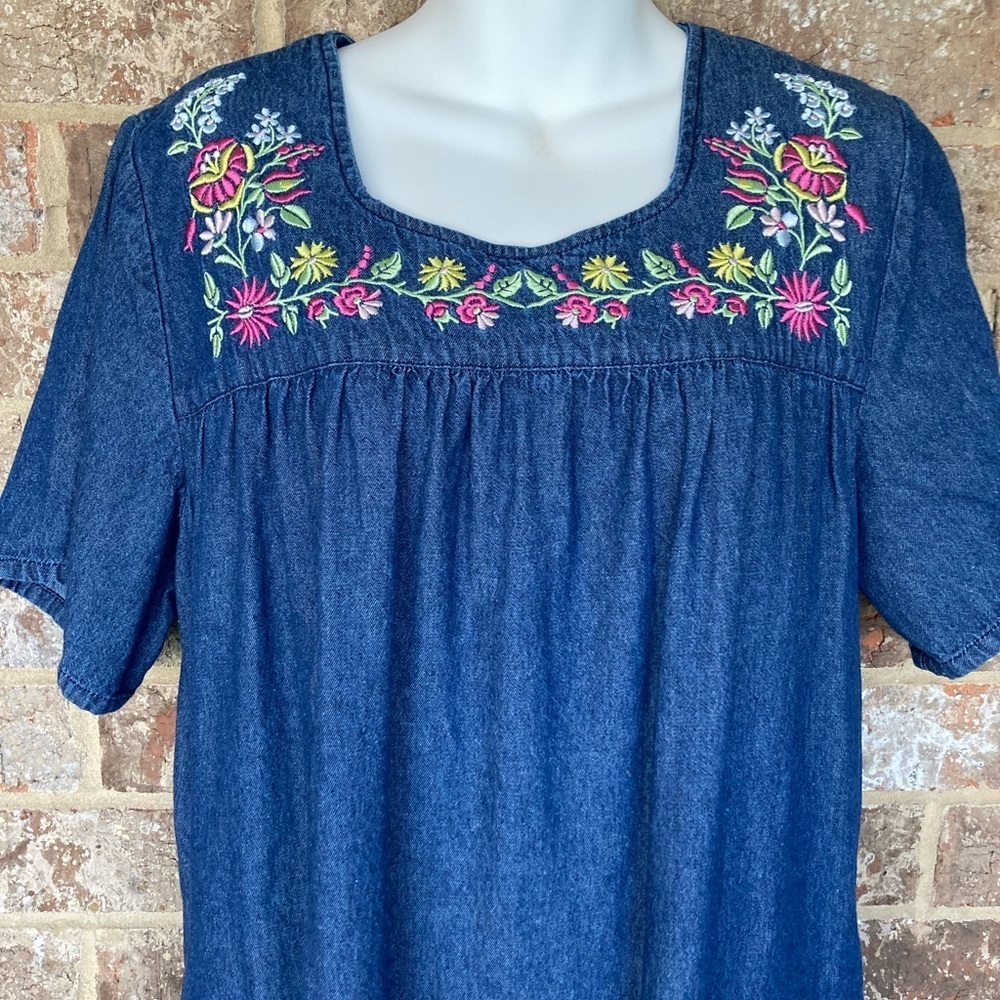 Vintage National Denim Embroidered Floral Patio Dress Muumuu Size M